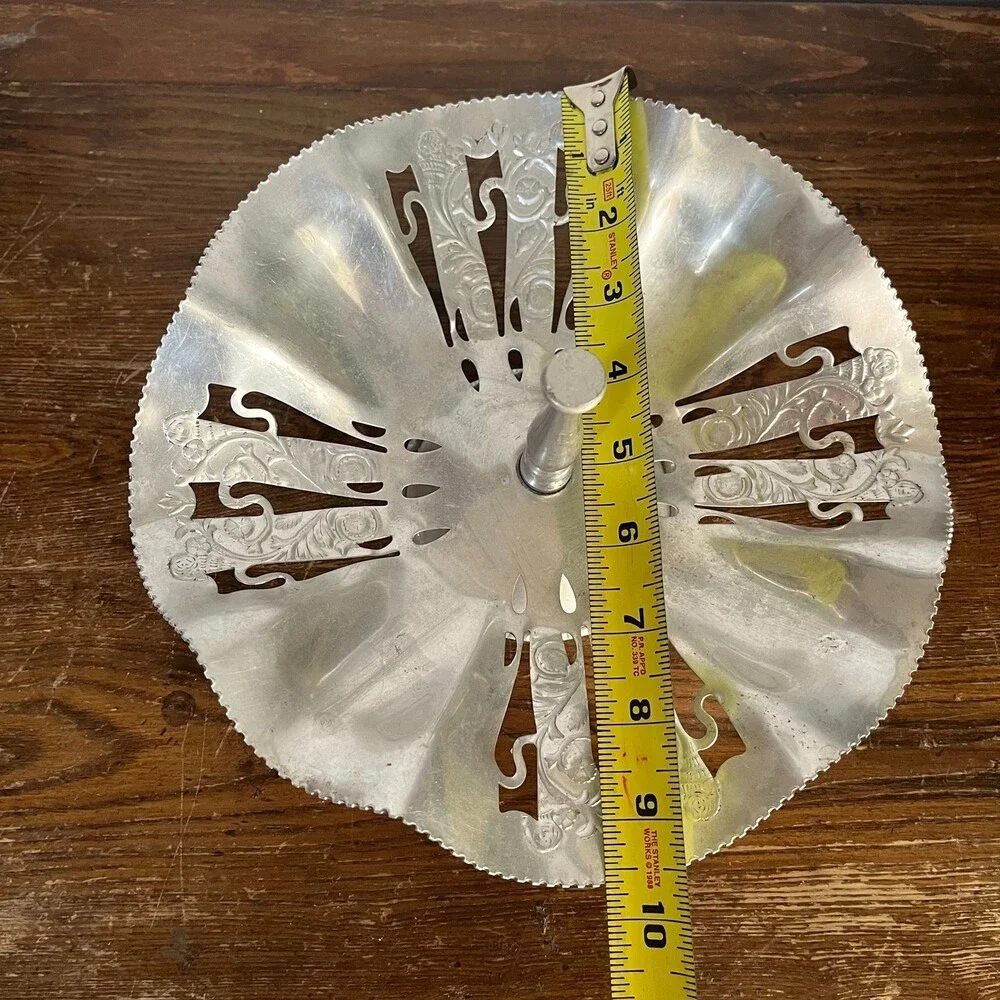 VTG Pierced Aluminum Pedestal Tidbit Serving Tray Candy Dish Bowl Center Handle